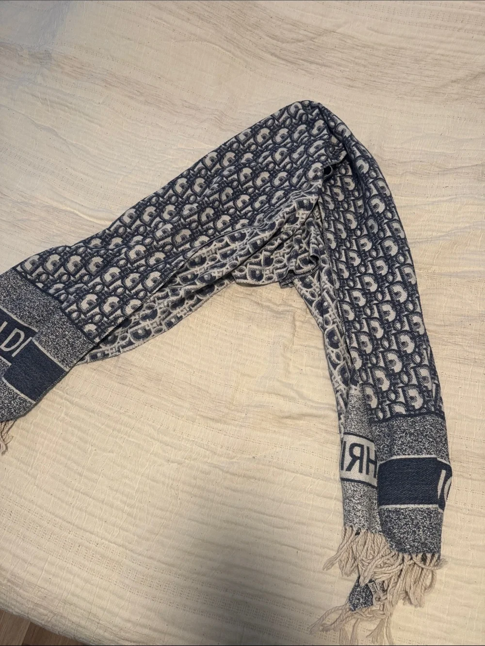 Dior Navy & Cream Logo Fringe Shawl